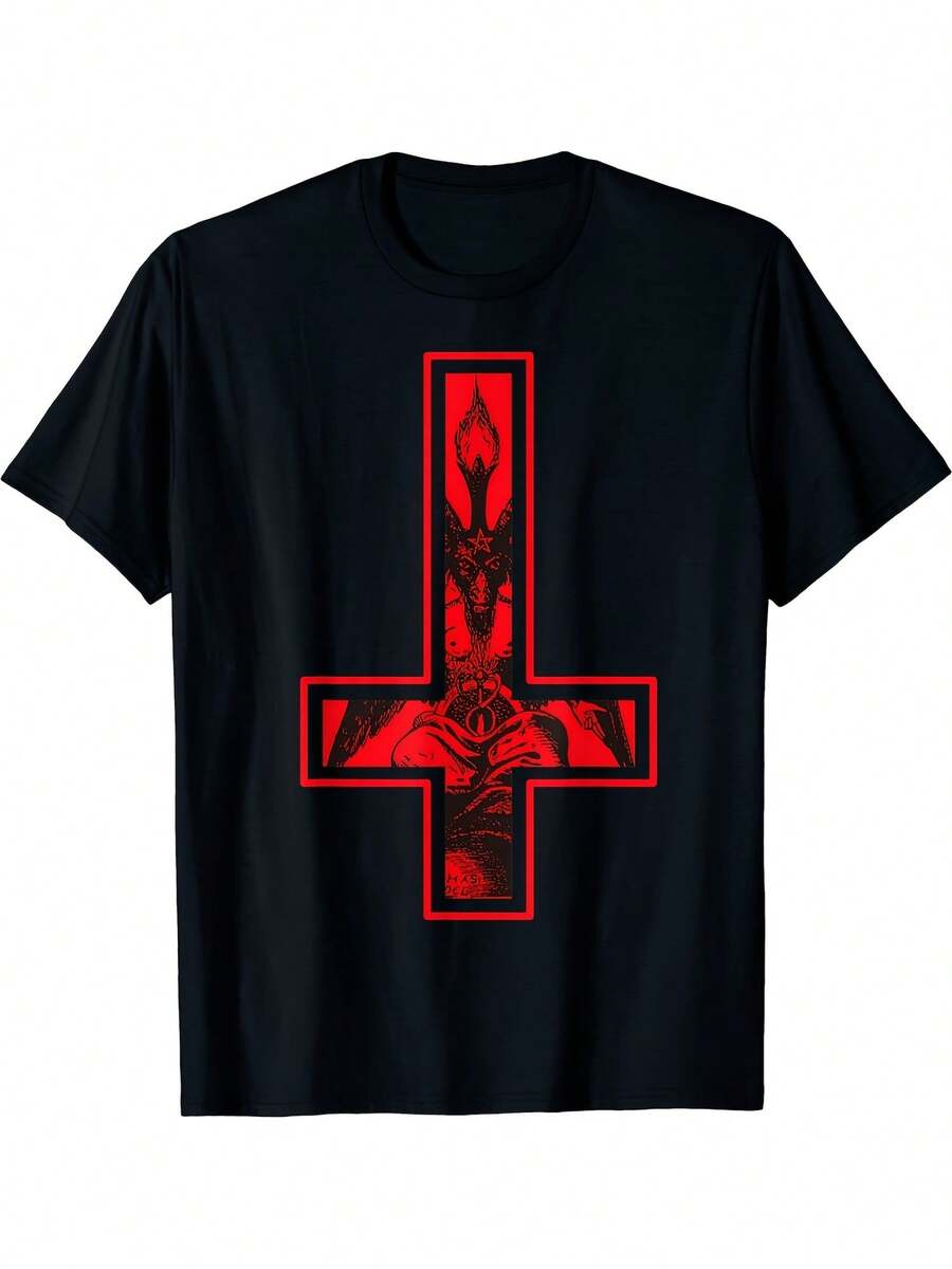 Baphomet T-Shirt With Inverted Cross, Occultism, Satanism, "Greetings To Satan", Available In Sizes S-5XL, Made Of Comfortable 180G Fabric. This Unisex T-Shirt Has A Crew Neck And Short Sleeves, Ideal For Birthday Parties. It's A Great Gift For Fans. - 黑色 - 查看 1