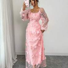 Elenzya Women's Elegant Retro Charming Princess Gentle Lady Net Yarn Long Sleeve Square Collar Waist A-Line Fluffy Hem Solid Color 3D Floral Embroidered Net Dress Fall Cloth For Women - Rosa - Ver 5