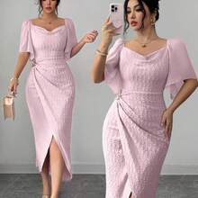 Women's Metal Buckle Color Block Ruffle Collar Petal Sleeve Fitted Elegant Dress, Spring/Summer Dress With Metal Buckle Pink Midi Dress - Morado - Ver 4