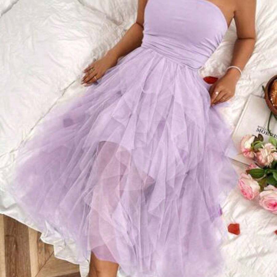Raffinéa Women's Solid Color Mesh Panel Strapless Dress Maxi Women Outfit - Púrpura malva - Ver 1