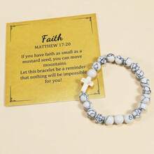 1pc 8MM Natural Stone & Artificial Crystal Bead Cross Charm Handmade Bracelet, Gift For Christian With Prayer Card - White - View 2