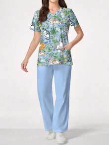 PopScrub Conjunto de 2 piezas con diseño de bolsillo con oreja, estampado de gato y planta de dibujos animados, de cuello en V y manga corta, uniforme de enfermera de primavera/verano, pantalón casual de color azul claro, conjunto de uniforme de enfermera, adecuado para amantes de los gatos - Multicolor - Ver 4