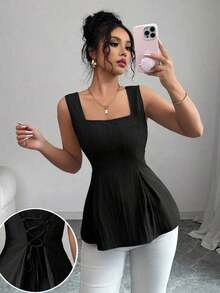 Camisa sin mangas elegante con cuello cuadrado, cintura atada y rayas para el verano 2025 - Negro - Ver 6