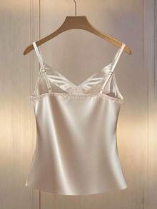 Camiseta de satén de unicolor minimalista y elegante con perlas falsas para mujer, de verano - Albaricoque - Ver 2