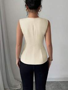 Blusa elegante de mujer con cuello cuadrado sin mangas, decoración con bolsillo falso, camisa ajustada de oficina, primavera/verano - amarillo ganso - Ver 2