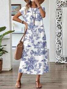 Vestido casual de mujer con estampado floral y manga corta, ideal para vacaciones de verano - Multicolor 4 - Ver 7