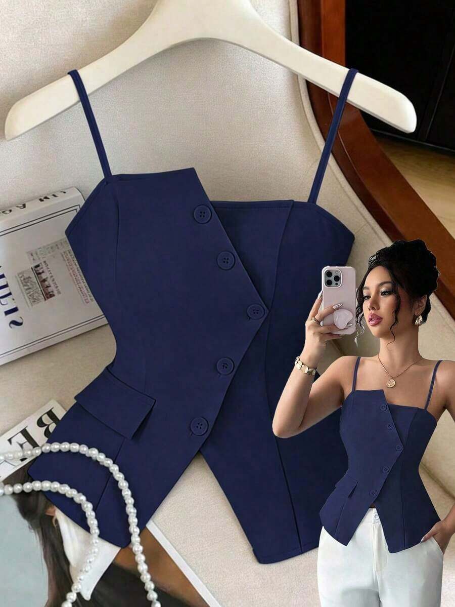 2025 Nuevo diseño asimétrico azul, versátil y de moda para uso casual y de oficina, con cintura ceñida y camiseta sin mangas - Azul marino - Ver 1