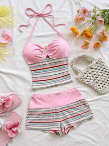 2 piezas Conjunto de camiseta de tirantes y pantalones cortos de punto a rayas con hebilla de metal, estilo casual de vacaciones, adecuado para fiesta, San Valentín, cita, discoteca, bohemio, vacaciones, otoño, ropa de mujer, vintage, días fest - Multicolor 4 - Ver 4