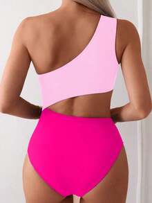 Swim 1 pieza Traje de baño de una pieza para mujer con diseño calado y fruncido en color liso - Rosa Fucsia - Ver 4