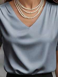 1 pieza Blusa de mujer de unicolor de satén con cuello en V y manga corta, elegante y de moda para uso diario, oficina, hogar, citas, primavera/verano, color negro casual - Gris - Ver 2