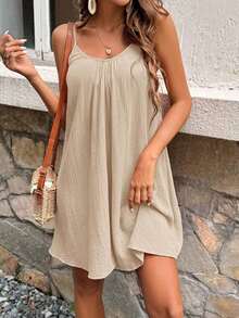 Vestido de verano de algodón de unicolor con tirantes finos tipo musculosa, estilo vacacional para mujer - Albaricoque - Ver 4