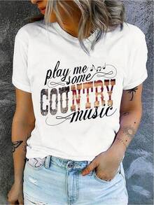 Women's T-Shirt With Country Music Print - Casual Crew Neck, Short Sleeve, Knit Fabric, Colorful Patchwork Letter Design - Cotton And Spandex Blend - Comfortable For All Seasons - 100% Cotton T-Shirt, Breathable For Casual Daily Wear - Suitable For Spring, Summer And Autumn. - 白色 - 查看 7