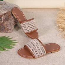 Dép lê một quai dệt màu nâu cổ điển cho trẻ em, kiểu dáng mới, đế bằng, khoét rỗng, thích hợp cho kỳ nghỉ biển. - màu nâu - Xem 17