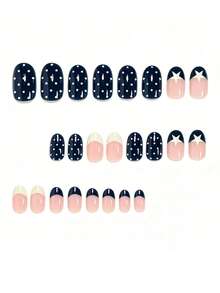 24pcs Oval Acrylic Nail Stickers, Vintage Navy Blue Base With Light Yellow Polka Dots French Manicure, Cute Ivory White Striped Star Pattern 3D Metal Bead Decor, Suitable For Spring/Summer Blue Nails, Full Coverage Fake Nails, Includes 1 Glue Sheet And 1 Mini File, Random Delivery - Multicolor - View 2