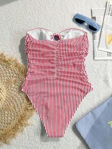 Traje de baño de una pieza con volantes y lunares negros para mujer, ideal para vacaciones en la playa, de la marca Swim Chiccia, sexy y con lazo. - Rojo y blanco - Ver 3