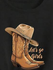 Solt 1pscEMERY ROSE Camiseta de manga corta con estampado de botas y sombrero de vaquero, cuello redondo casual, gráfico "Vamos chicas" para mujeres100%cotton graphic - Negro - Ver 5