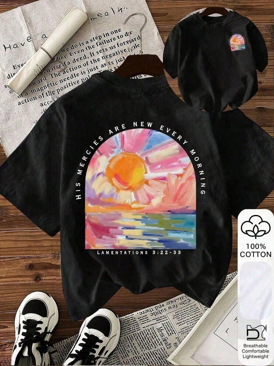 Versatile Plus Size T-Shirt, Women's Casual Summer T-Shirt With Oil Painting Print And Short Sleeve Round Neck, The Fabric Is Comfortable And Breathable, 100% Cotton. - 黑色 - 查看 1
