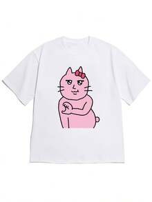 Nueva camiseta de manga corta con hombros caídos para primavera/verano 2026, verano, elegante y chic, rosa con lazo rojo, ilustración divertida de gato de dibujos animados tomados de la mano, camiseta de manga corta, estilo fantasioso y lindo, cómoda y agradable para la piel, para salidas diariasRopa diaria para chicas dulces o estudiantes ,Ropa fresca y sin sudor en verano,Traje de fiesta elegante,T-shirt para damas elegantes,Blusas adecuadas para mujeres con curva, - Blanco - Ver 8