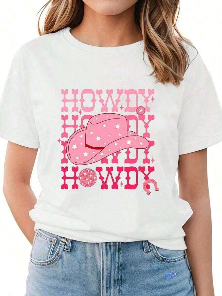 Women's Howdy T-Shirt, Southern Cowboy Style, Country Music, Rodeo, Boots, Concert T-Shirt, Funny Graphic Tees For Men And Women, Crew Neck, Loose Casual T-Shirts 2026 - Unisex Cotton Short Sleeve Crew Neck T-Shirt, Urban Vintage Style, Blouses For Women. Blouses.Casual Blouses For Ladies. - 白色 - 查看 1