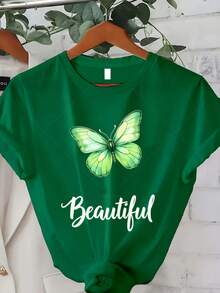 Camiseta Clásica de Talla Grande para Mujer con Estampado de Mariposas Verdes - Top Casual de Manga Corta y Cuello Redondo, adecuada para primavera, verano y otoño, perfecta como regalo de Navidad o Año Nuevo (lavable a máquina) - Artículo cómodo y versátil, adecuado para todas las estaciones. Bestseller - Verde - Ver 7