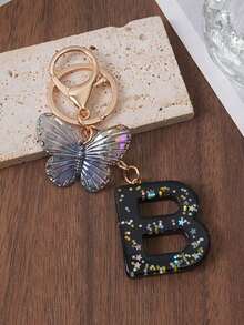 1pc A-Z Black Glitter Letter & Butterfly Keychain, Initial Resin Keyring, Holographic Butterfly Bag Charm, Car Key Accessory, Fashion Aesthetic Gift For Girls - Black - View 20