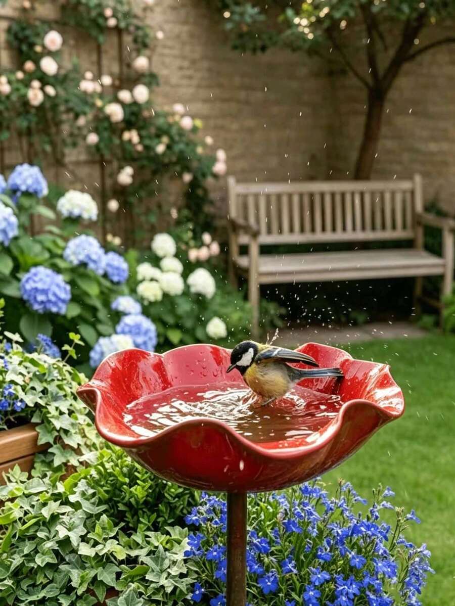 1件金屬鳥與花餵食器、花園種植盆、金屬鳥與花浴盆、昆蟲澆水站、花園裝飾，適用於露台、戶外花床、園藝工具、夏季必需品、餵鳥、婚禮季節、裝飾