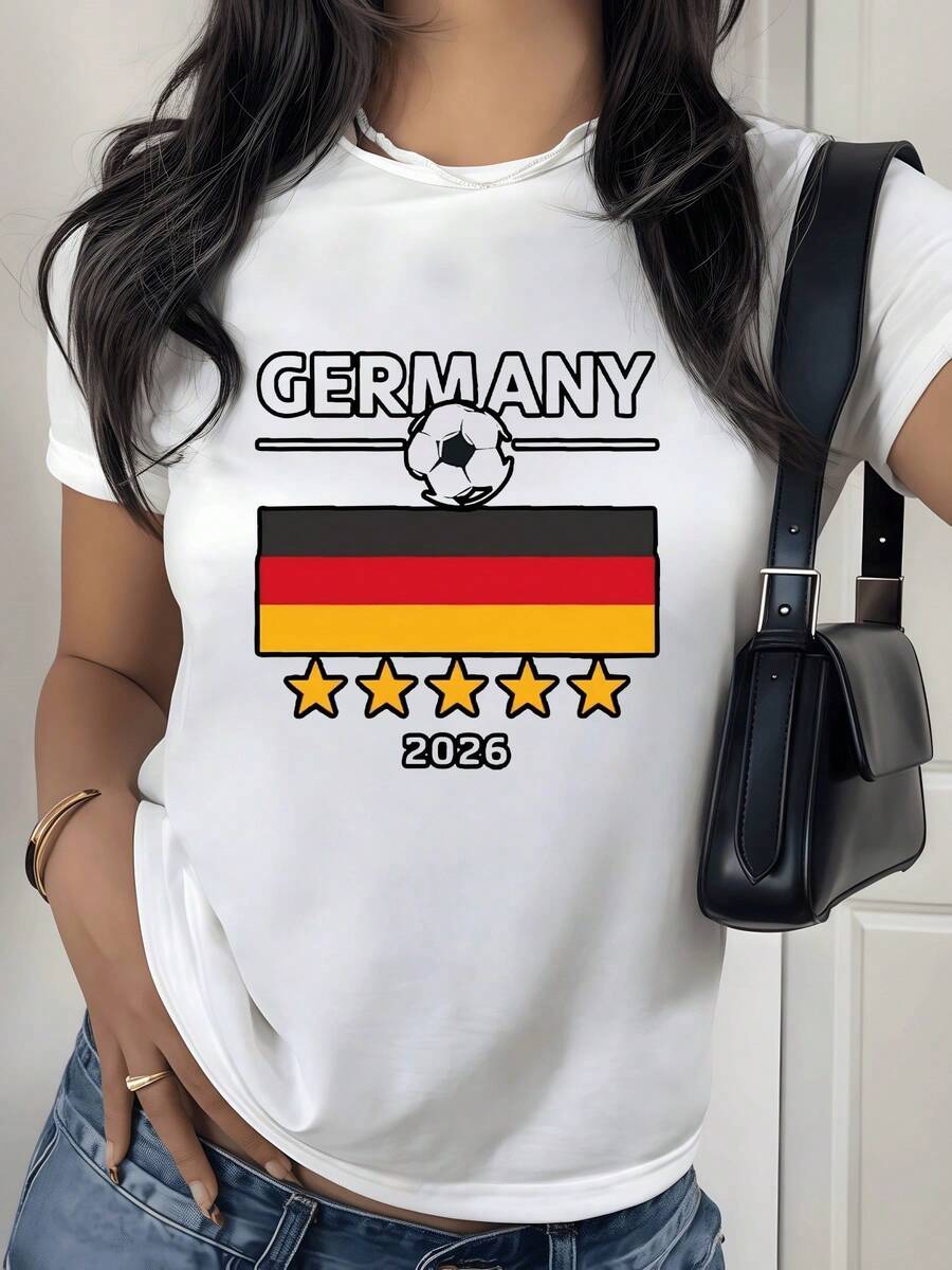 Bandera alemana con balón de fútbol y estrellas doradas que simbolizan la pasión deportiva y el orgullo nacional camiseta de mujer moderna y cómoda 2026 - Blanco - Ver 1