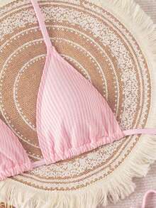 Swim Vcay Conjunto de 3 piezas de bikini con textura de tela a rayas azul y blanco, con tirantes finos y cuello halter, para primavera/verano 2026 - Rosa - Ver 5