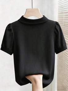 Camiseta casual romántica de unicolor y elegante estilo de ciudad para mujeres - Negro - Ver 2