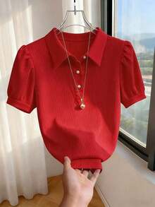 Camiseta casual romántica de unicolor y elegante estilo de ciudad para mujeres - Rojo - Ver 1