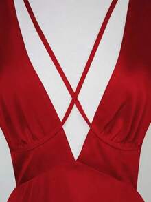 Vestido de cuello profundo de manga farol con tira cruzada de espalda abierta con cordón de satén - Rojo - Ver 5