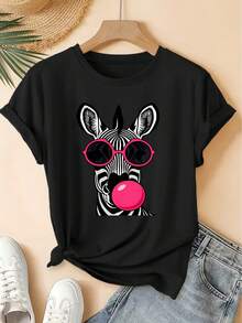 Retro Short-Sleeved T-Shirt With Zebra Print, Sunglasses And Bubblegum Design, Cool Forest Style, Loose Fit, Stylish Fashion For Spring/Summer 2026 Parties, Versatile Women's Clothing. - 黑色 - 查看 7