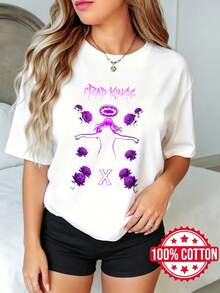 Women's Short-Sleeved T-Shirt With Round Neck And Print, Casual Summer Silhouette Of Women, Rosúrpura, Sizes S-3XL, 100% Cotton, Breathable Material - 白色 - 查看 1