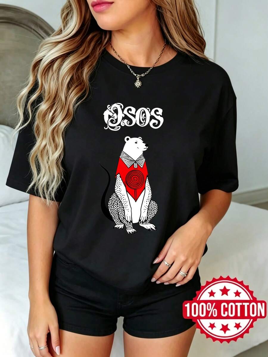 Camiseta negra de manga corta con cuello redondo y estampado para mujer, verano, informal Patrón de chaleco rojo Sos Bear S-3XL Moda 100% aodón material