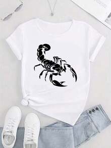Women's Casual Sports T-Shirt, Round Neck, Short Sleeve, Cartoon Scorpion Print, Comfortable Summer Vacation Top - Unisex Vintage Style Loose Fit Cotton T-Shirt - 白色 - 查看 3