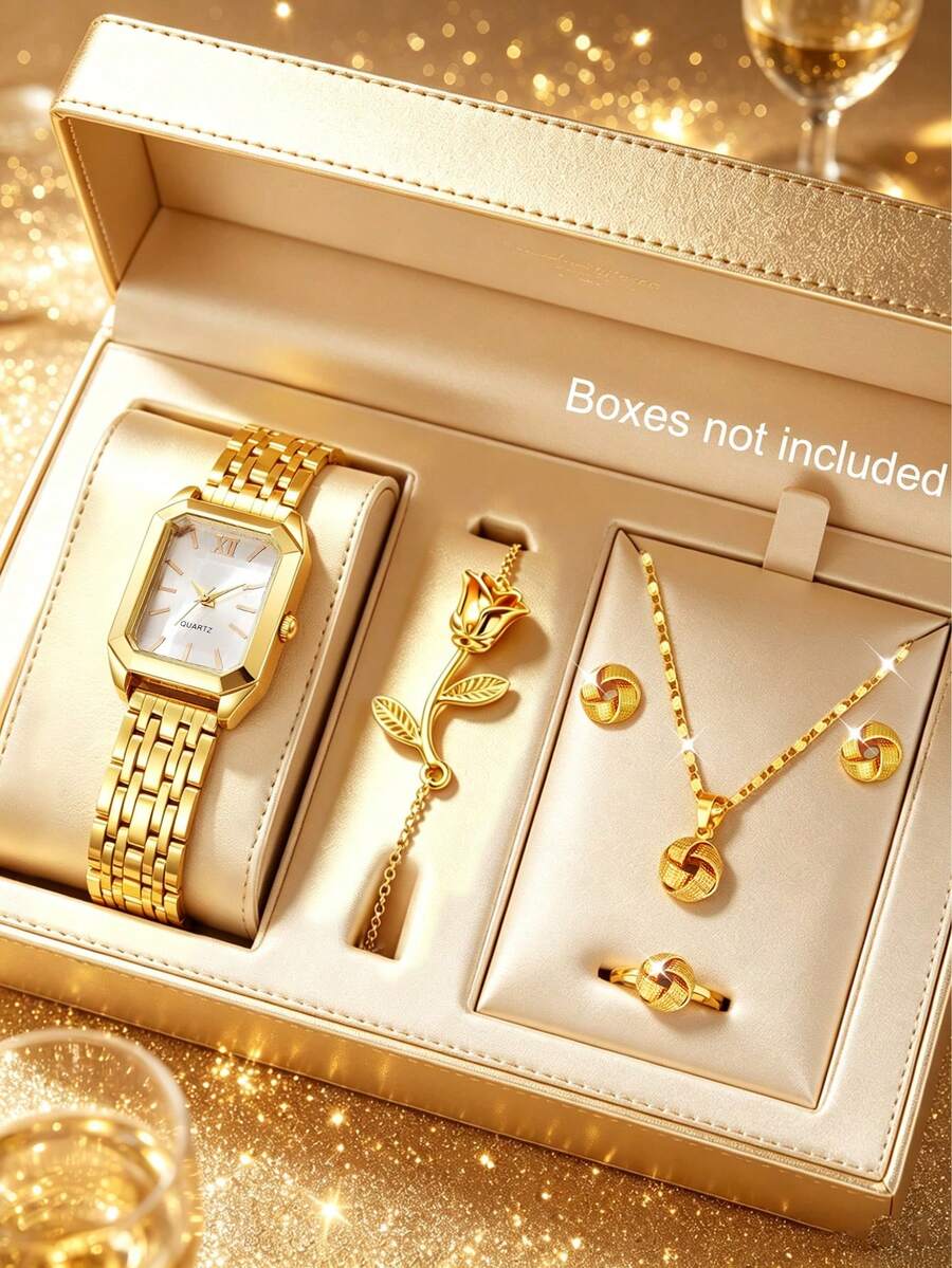 One Teen Quartz Watch With Zinc Alloy Strap Paired With An Exquisite 5-Piece Accessory Set, Versatile For Casual Daily Looks. - Gold - View 1