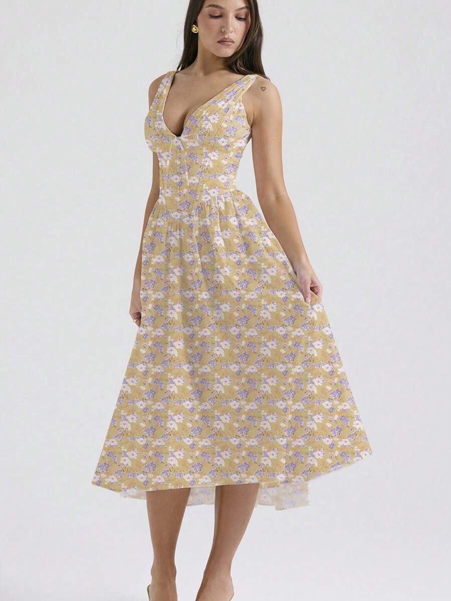 Vestido largo con tirantes ajustable cuello V estampado nueva - Blanco - Ver 1