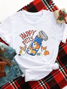 Camiseta de talla grande para mujer amante de los Corgis - Camiseta de manga corta con diseño de Corgi y pastillero, cuello redondo informal para atuendos casuales, lavable a máquina - Ajuste - Blanco - Ver 6