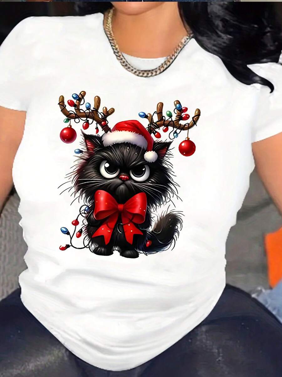 Women's Pure Cotton T-Shirt, Casual Loose Style, With Christmas Cat Design - Santa Hat And Reindeer Antlers, Round Neck Knit Top, Soft Fabric, Short Sleeves, Suitable For All Seasons, Christmas Style. - 白色 - 查看 1