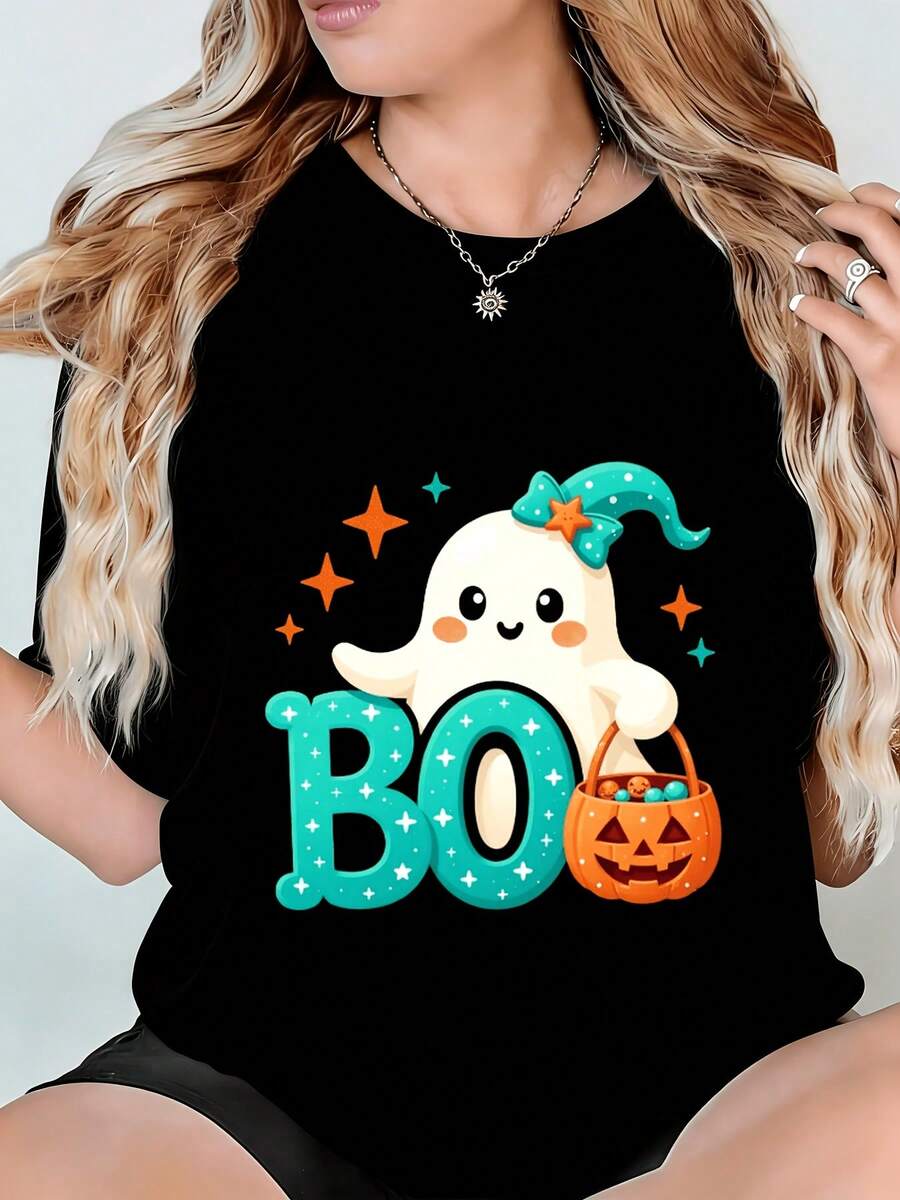Camiseta de mujer, estampada con fantasmas de Halloween, Boo, cesta de calabaza y estrellas, camiseta negra, lavable a máquina, unisex, transpirable y cómoda, un excelente regalo para aniversarios y días festivos. Camisetas gráficas de verano para mujer, camiseta casual estampada de manga corta y cuello redondo, moda urbana local de primavera/verano. - Negro - Ver 1