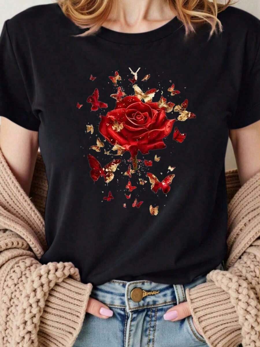 Camiseta Casual de Manga Corta para Mujer, Rojo Rosa Dorado con Adornos Florales, Tela Transpirable, Cuello Redondo, Corte Regular, Ropa de Primavera y Verano, Diseño de Mariposas y Flores, Textura Suave. - Negro - Ver 1