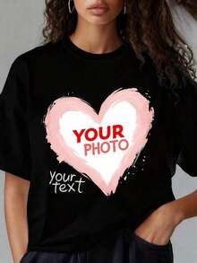 Camiseta Personalizada con Foto de Corazón y Texto Personalizado para Mujer, Unisex, Cuello Redondo Negro, Idea de Regalo. Tanto los Hombres como las Mujeres pueden usarla, y es adecuada para fiestas de Navidad, actividades deportivas, salidas festivas, deportes y otros regalos navideños. Blusa, Camisa > Hermosa. - Blanco - Ver 9