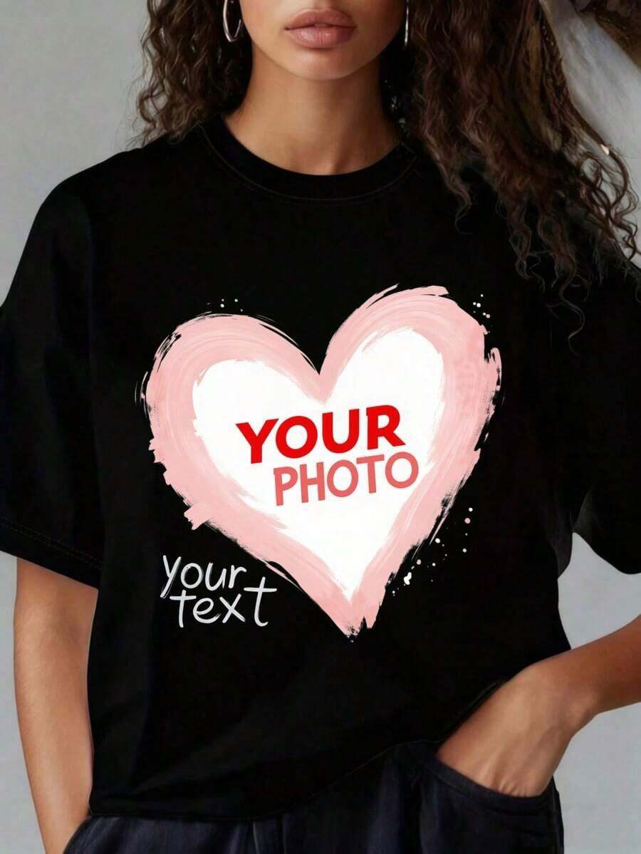 Camiseta Personalizada con Foto de Corazón y Texto Personalizado para Mujer, Unisex, Cuello Redondo Negro, Idea de Regalo. Tanto los Hombres como las Mujeres pueden usarla, y es adecuada para fiestas de Navidad, actividades deportivas, salidas festivas, deportes y otros regalos navideños. Blusa, Camisa > Hermosa. - Negro - Ver 1