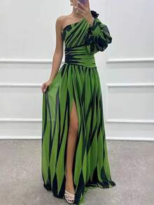 Off-The-Shoulder Print Dress With A Casual Slit For Everyday Wear - 綠色 - 查看 1