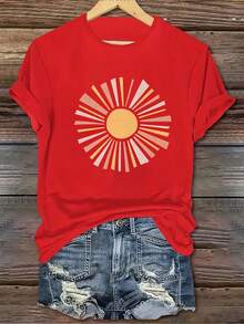 1PC Camiseta de manga corta con cuello redondo para mujer, de poliéster tejido, estilo casual, para todas las estaciones, con estampado creativo de dibujos animados de sol.ropa de calor mujer - Rojo - Ver 7