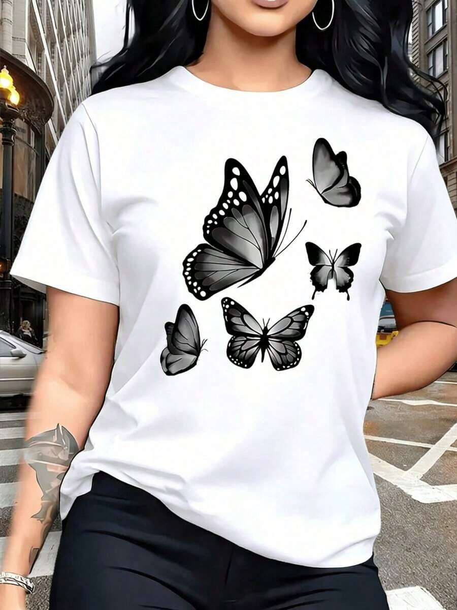 Women's Casual T-Shirt With Butterfly Motif - Sporty Casual Style, Short-Sleeved T-Shirt With Round Neck, Comfortable And Breathable, Fashionable, Easy To Match, Soft To The Touch, Printed Design, Creative Digital Print For Spring And Summer - Unisex Loose-Fitting Cotton T-Shirt With Short Sleeves And Round Neck, Urban Vintage Style. Pretty Blouses, 100% Cotton - 白色的 - 查看 1
