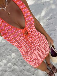2026 Nuovo abito estivo da donna in maglia a righe con fiocco, senza maniche, corto, a contrasto di colore, abito da vacanza e spiaggia - 3 di colori diversi - Visualizzare 3