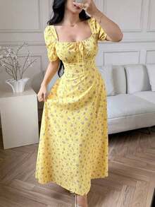 Vestido largo de noche de manga corta con cuello cuadrado, estampado floral ditsy y abertura para vacaciones de verano para mujeres - Amarillo mantequilla - Ver 8
