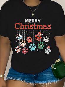 Camiseta de Talla con Estampado de Patita Navideña - Cuello Redondo y Manga Corta Casual para Mujer |   Mezcla de Poliéster Suave |   Lavable aáquina - Negro - Ver 1