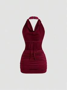 Vestido mini ajustado y sexy sin mangas con cuello drapeado y espalda descubierta con lazo - Burdeos - Ver 2